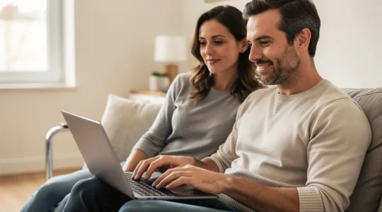 Couple trentenaire consultant ensemble un financement immobilier sur ordinateur