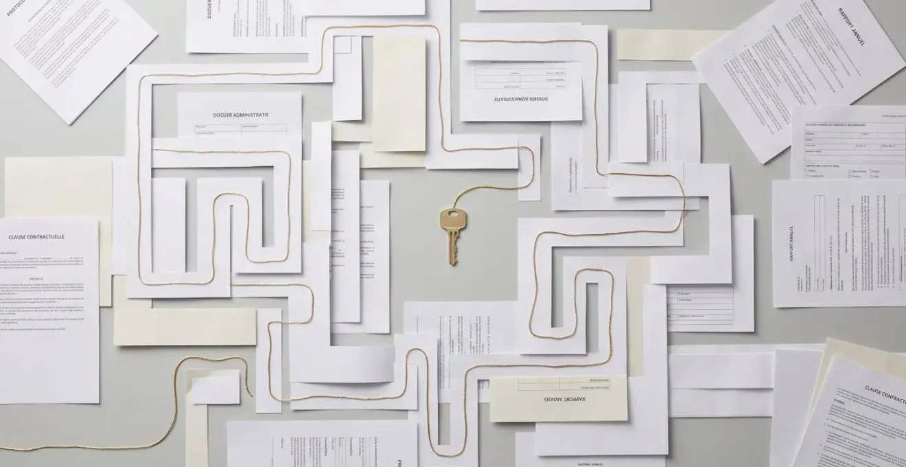 Illustration isométrique d'une figurine face à un labyrinthe de dossiers administratifs avec une lumière dorée au centre symbolisant l'acceptation bancaire.