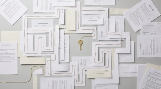 Illustration isométrique d'une figurine face à un labyrinthe de dossiers administratifs avec une lumière dorée au centre symbolisant l'acceptation bancaire.