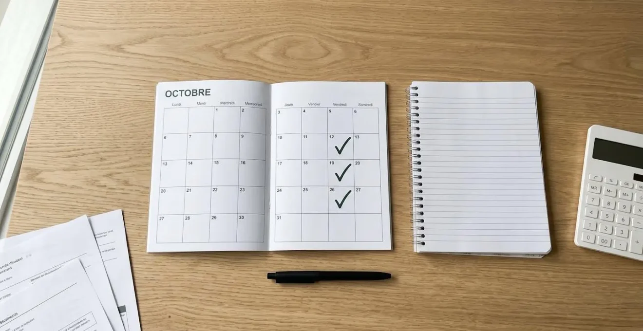 Vue du dessus d'un bureau en bois clair avec calendrier coché, carnet, stylo, calculatrice et documents organisés, éclairage naturel doux.
